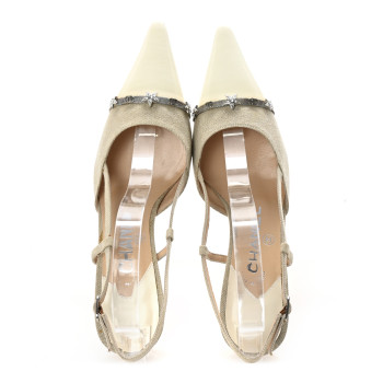 CHANEL Canvas Slingback Pumps 37 Beige