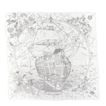HERMES Silk Flagship Scarf 90 White Black Gris