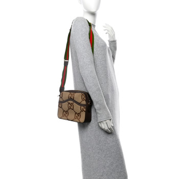 GUCCI Monogram Jumbo GG Textured Dollar Calfskin Web Messenger Shoulder Bag Camel Ebony New Acero
