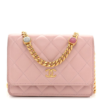 CHANEL Lambskin Quilted CC Pearl Enamel Clutch on Chain WOC Light Pink
