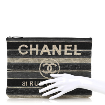 CHANEL Striped Canvas Large Deauville Pouch Clutch Black