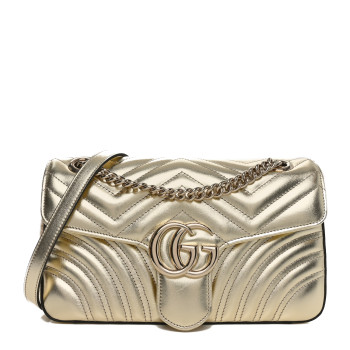 GUCCI Metallic Calfskin Matelasse Small GG Marmont Shoulder Bag Platino