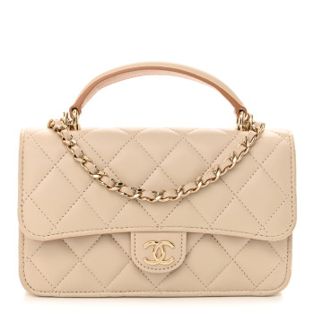 CHANEL Lambskin Quilted Flap Phone Holder With Chain Ecru Dark Beige