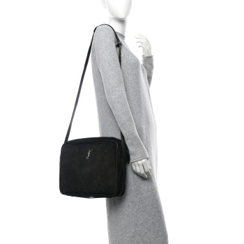 SAINT LAURENT Suede Flat Messenger Bag Black
