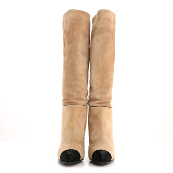 CHANEL Suede Grosgrain Cap Toe CC Knee High Boots 37 Beige Black