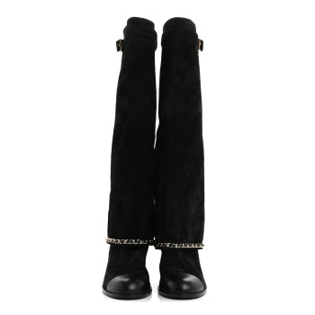 CHANEL Suede Calfskin Lambskin Cap Toe Chain Fold Over High Boots 37 Black