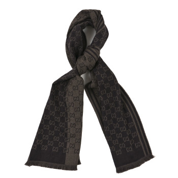 GUCCI Wool GG Monogram Fringe Scarf Brown