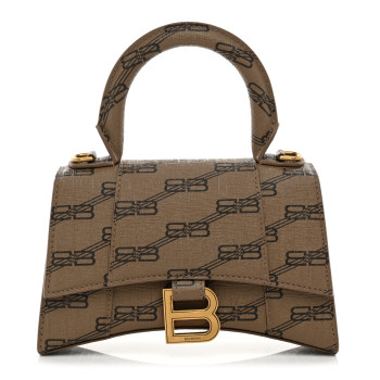 BALENCIAGA Coated Canvas BB Monogram Hourglass Top Handle Bag XS Beige Brown