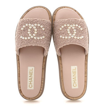 CHANEL Fabric Pearl Cork CC Slip On Sandals 40 Pink