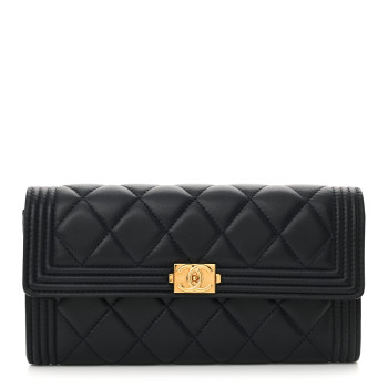 CHANEL Lambskin Quilted Large Boy Gusset Flap Wallet Navy