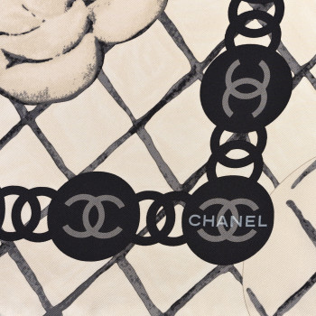 CHANEL Silk Camellia CC Square Scarf Ivory