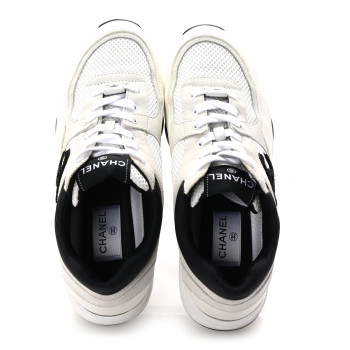CHANEL Mesh Suede Calfskin Grained Calfskin Womens CC Sneakers 40 White Black