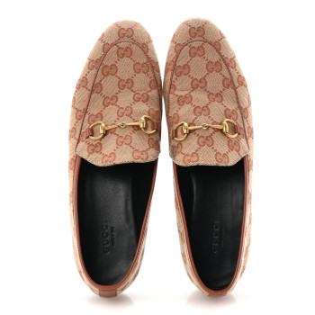 GUCCI Canvas GG Monogram Horsebit Womens Jordaan Loafers 39.5 Beige Ruggine Rust