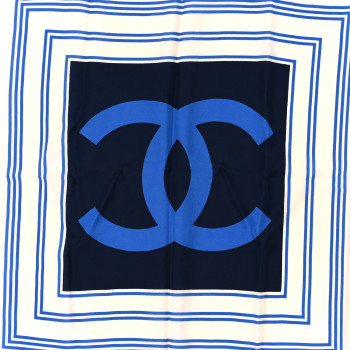CHANEL Silk CC Square Scarf Blue Ecru