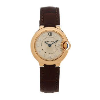 CARTIER 18K Pink Gold Alligator Diamond 28mm Ballon Bleu De Cartier Quartz Watch Brown