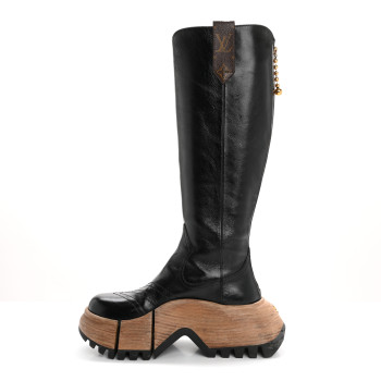 LOUIS VUITTON Patent Calfskin LV Zoom Platform High Boots 37 Black