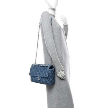 CHANEL Frayed Denim Quilted Large Blue Chip Flap Blue
