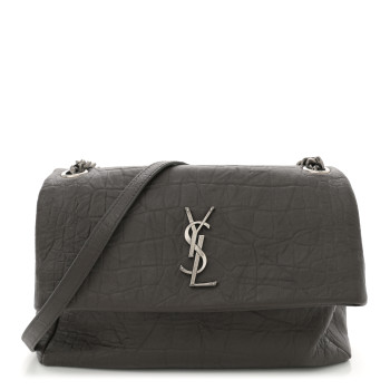 SAINT LAURENT Calfskin Crocodile Embossed West Hollywood Monogram Fold-Over Dark Brown