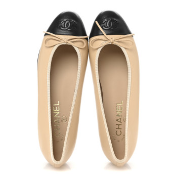 CHANEL Lambskin Cap Toe CC Ballerina Flats 36.5 Beige Black