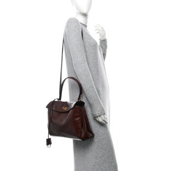 BALENCIAGA Shiny Calfskin Ostrich Embossed Medium Rodeo Top Handle Handbag Brown