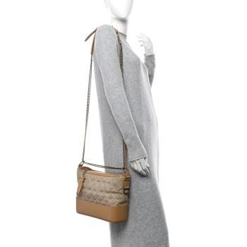 CHANEL Tweed Calfskin Quilted Medium Gabrielle Hobo Beige