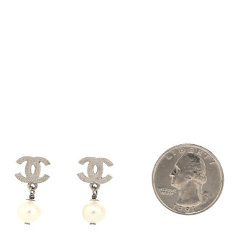 CHANEL Pearl Quilted CC Drop Earrings Silver