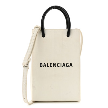 BALENCIAGA Squared Calfskin Logo Shopping Phone Holder Bag White