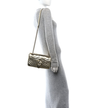 GUCCI Metallic Calfskin Matelasse Small GG Marmont Shoulder Bag Platino