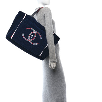 CHANEL Nylon Terry Cloth Reversible Chanel Airlines Tote Silver Navy