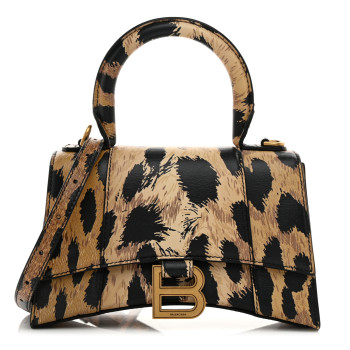 BALENCIAGA Smooth Calfskin Leopard Print Hourglass Top Handle Bag XS Beige