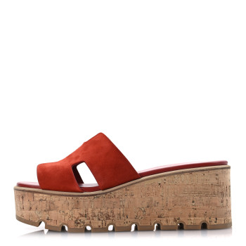 HERMES Suede Goatskin Cork Eze 30 Sandals 39 Orange Brulee