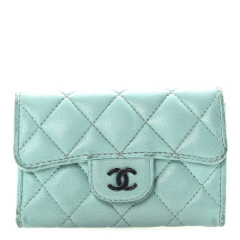 CHANEL Lambskin Quilted Flap Card Holder Wallet Turquoise