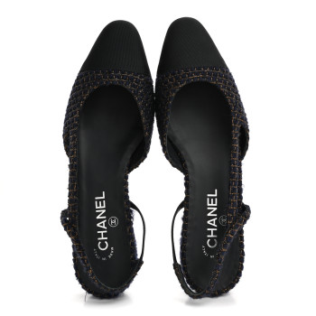CHANEL Tweed Grosgrain Cap Toe CC Slingback Flats  40 Blue Gold