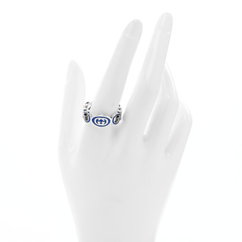 GUCCI Sterling Silver Enamel Interlocking G Logo Ring 61 9.5 Blue
