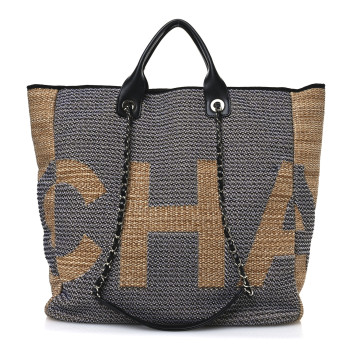 CHANEL Woven Straw Raffia Logo Tote Blue Beige