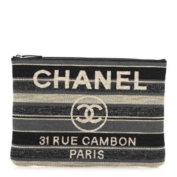 CHANEL Striped Canvas Large Deauville Pouch Clutch Black