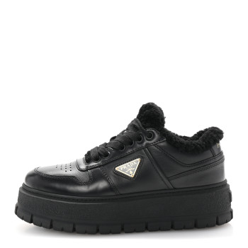 PRADA Calfskin Shearling Metal Triangle Logo Sneakers 35.5 Black