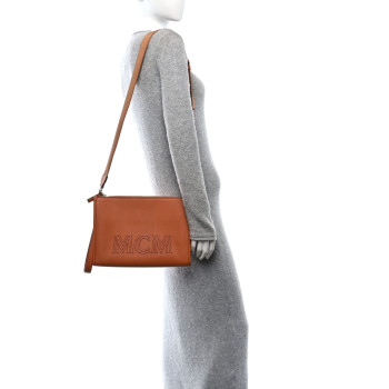 MCM Calfskin Logo Aren Crossbody Messenger Bag Cognac