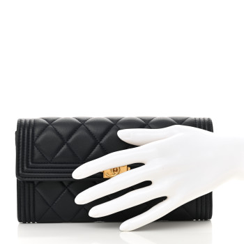 CHANEL Lambskin Quilted Large Boy Gusset Flap Wallet Navy