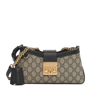 GUCCI GG Supreme Monogram Calfskin Small Padlock Chain Shoulder Bag Beige Ebony Black