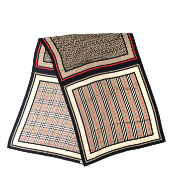 BURBERRY Silk Vintage Check Icon Stripe TB Monogram Print Scarf Archive Beige