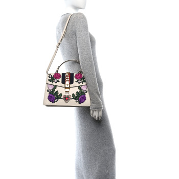 GUCCI Calfskin Embroidered Medium Sylvie Top Handle Bag White