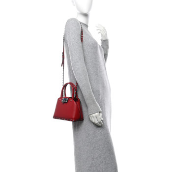 VALENTINO GARAVANI Grainy Calfskin Small Rockstud Double Top Handle Bag Rosso Valentino