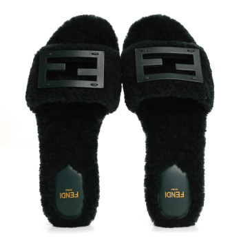 FENDI Shearling FF Baguette Slide Sandals 37 Salvia