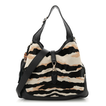 GUCCI Pony Hair Zebra Print Large Jackie O Bouvier Hobo Black