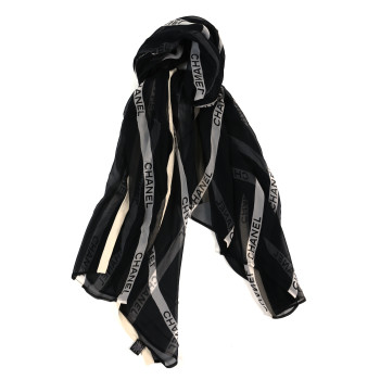 CHANEL Silk Cotton Cashmere Scarf Shawl Black White