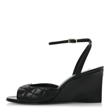 CHANEL Lambskin Patent Quilted Wedge Sandals 37.5 Black