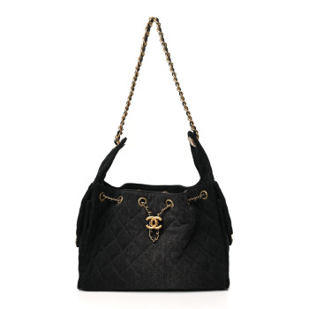 CHANEL Washed Denim Quilted Small Chanel 25 Handbag Black