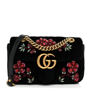 GUCCI Velvet Matelasse Embroidered Mini GG Marmont Shoulder Bag Black