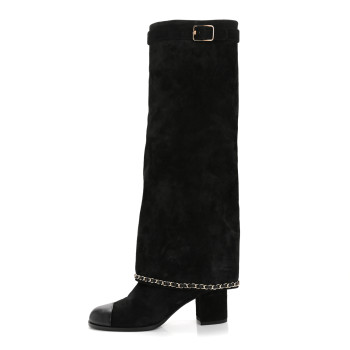 CHANEL Suede Calfskin Lambskin Cap Toe Chain Fold Over High Boots 37 Black